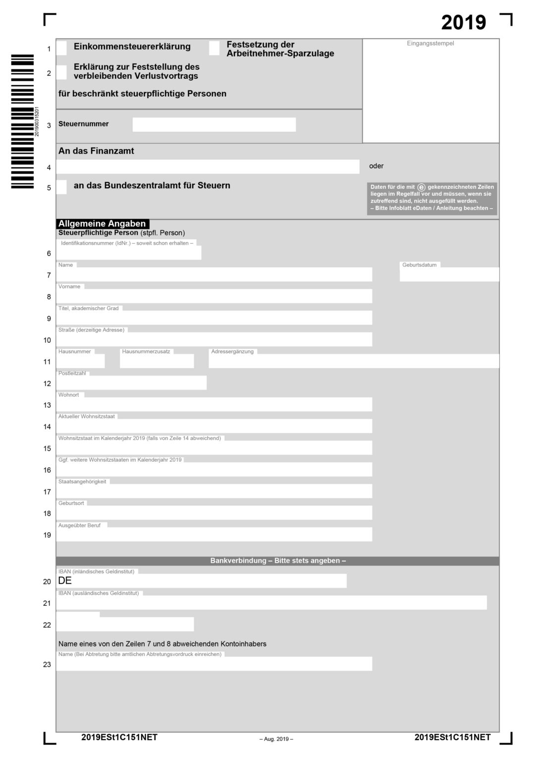 Einkommensteuererklärung (Hauptvordruck ESt 1 C) - für beschränkt ...