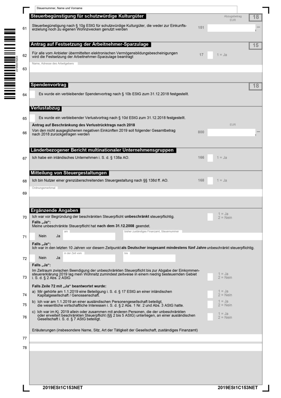 Einkommensteuererklärung (Hauptvordruck ESt 1 C) für beschränkt