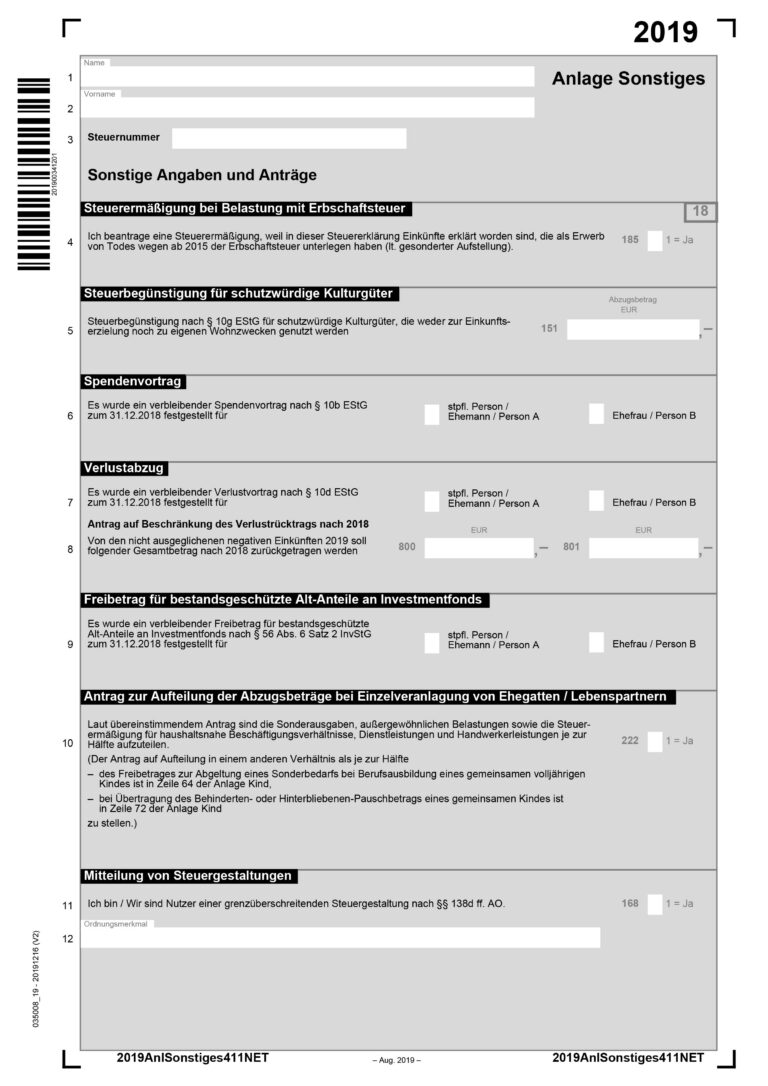Anlage Sonstiges – Sonstige Angaben und Anträge | Alex Fischer Düsseldorf