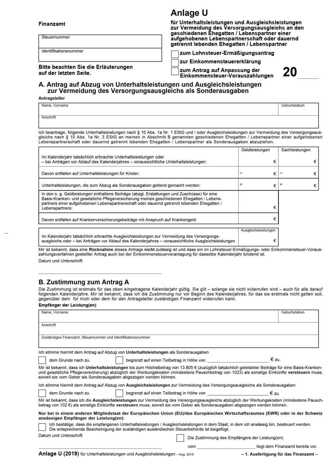 Anlage U Unterhaltsleistungen an den geschiedenen oder dauernd getrennt lebenden Ehegatten Anlage U Unterhaltsleistungen an den geschiedenen oder dauernd getrennt lebenden Ehegatten
