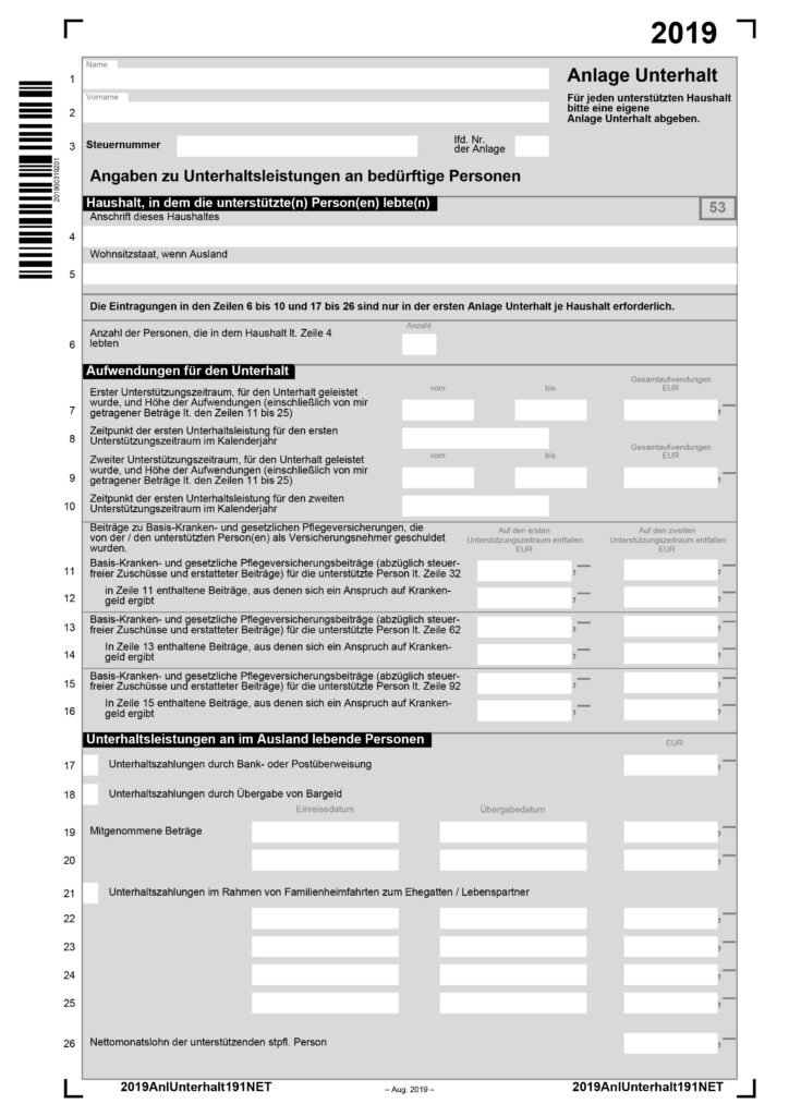 Anlage Unterhalt - Unterhaltsleistungen an bedÃ¼rftige