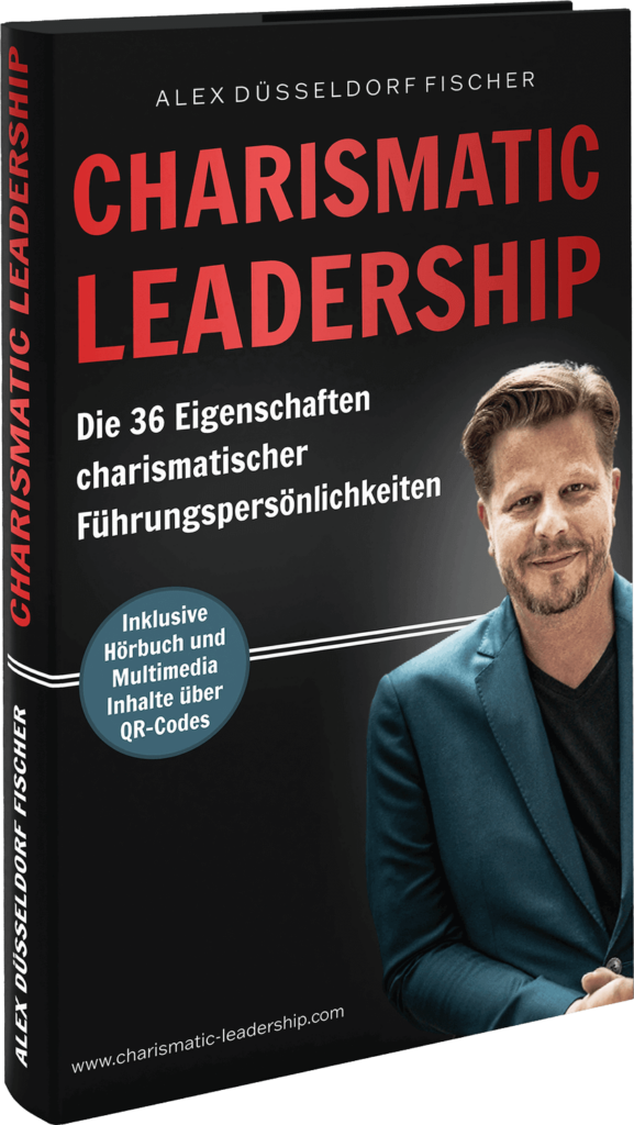 Buchcover von ‚Charismatic Leadership‘ von Alex Düsseldorf Fischer. Leitfaden für Führungskräfte, die die 36 Eigenschaften charismatischer Führungspersönlichkeiten entwickeln möchten, inklusive Hörbuch und QR-Codes zu Multimedia-Inhalten.