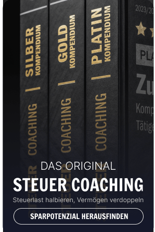 „Steuer Coaching Kompendien von Alex Düsseldorf Fischer in Silber, Gold und Platin – Steuerlast senken und Vermögen steigern. Ideal für Unternehmer und Investoren, die ihr Sparpotenzial entdecken möchten.