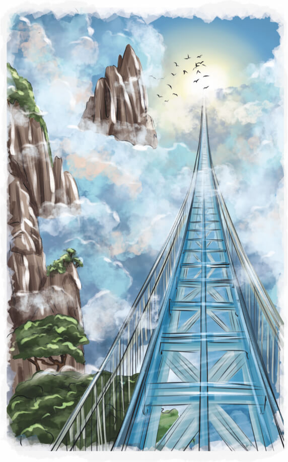 Illustration einer langen Glasbrücke, die in den Himmel führt und von hohen Bergen und Wolken umgeben ist. Die Szenerie symbolisiert den Weg zu neuen Höhen und zeigt eine inspirierende Reise durch eine atemberaubende, fast surreal wirkende Landschaft.